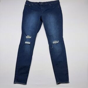 HUE Womens XL Dark Wash Distressed Denim Leggings Raw Hem Skinny Jeggings Blue